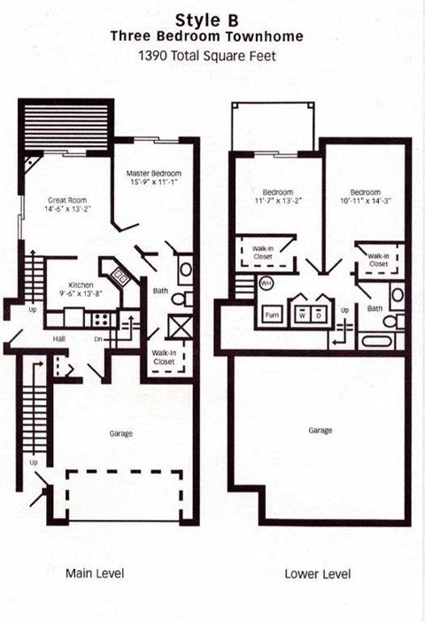 Floor plan for 3 beds, 2 baths, 1390 sqft